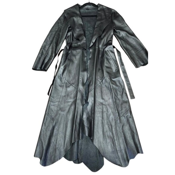 GIAN MORI Black Genuine Leather Maxi Coat  Runway Style Made in Europe, Belted S - Picture 2 of 15